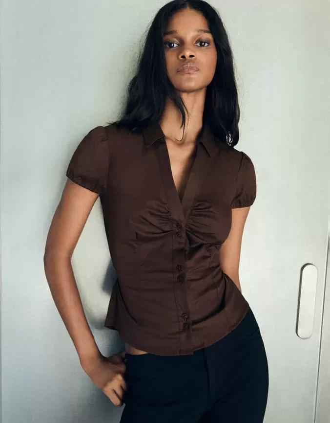 Chemise à manches courtes en popeline à nouer