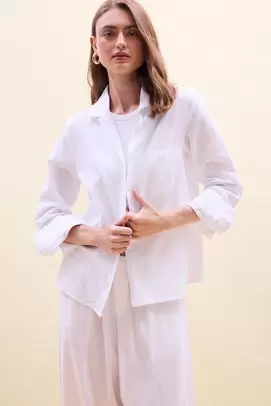 Chemise blanche oversize en lin mélangé à manches longues