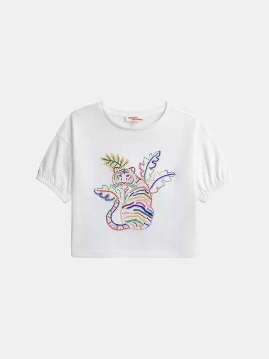 T-shirt écru à broderie tigre pour fille