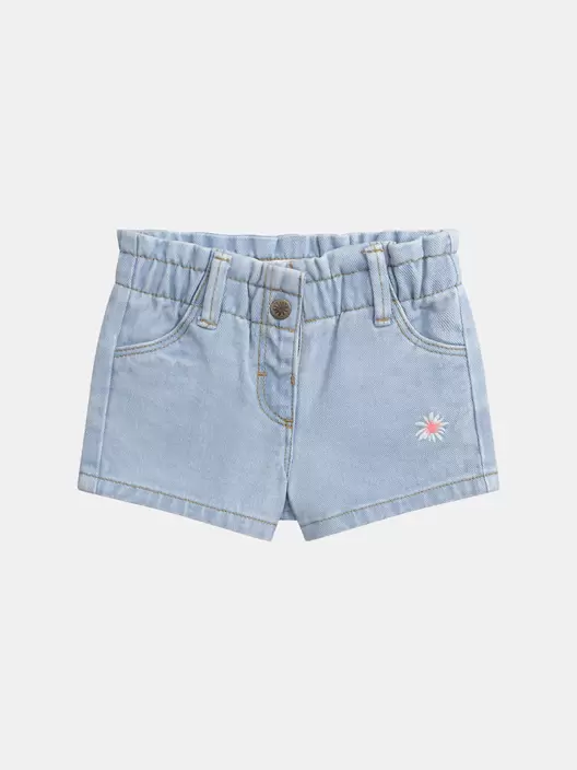 Short en denim léger avec taille volantée et broderie fleur pour bébé fille