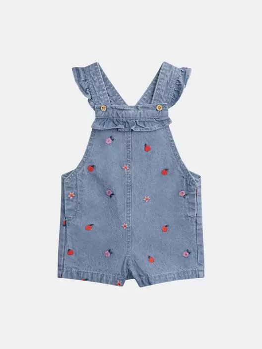Salopette à volant courte en denim avec broderie "floral" et "fruité" pour bébé fille