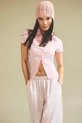 Chemise ajustée à manches courtes en coton flammé avec détails dentelle