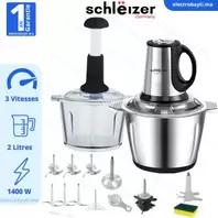 Schlëizer Hachoir électrique professionnel - Fonction Manuel - 1400Watts - 2bols Inox et verre