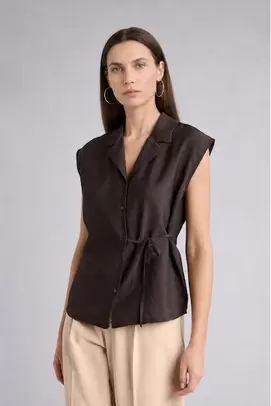 Blouse marron sans manches à col tailleur Coupe régulière