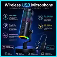 Microphone Sans Fil USB à Condensateur SU8-1 avec Éclairage RGB, Récepteur Wireless et Support de Bureau