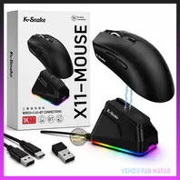 K-Snake ماوس الألعاب اللاسلكي X11 – ثلاثي الأوضاع بلوتوث/2.4 جيجا هرتز/USB-C، مستشعر PixArt PAW3311 بدقة 22000 نقطة في البوصة، قاعدة شحن مغناطيسية بإضاءة RGB، خفيف الوزن للغاية مع 5 أزرار قابلة للبرمجة ومقبض مانع للانزلاق