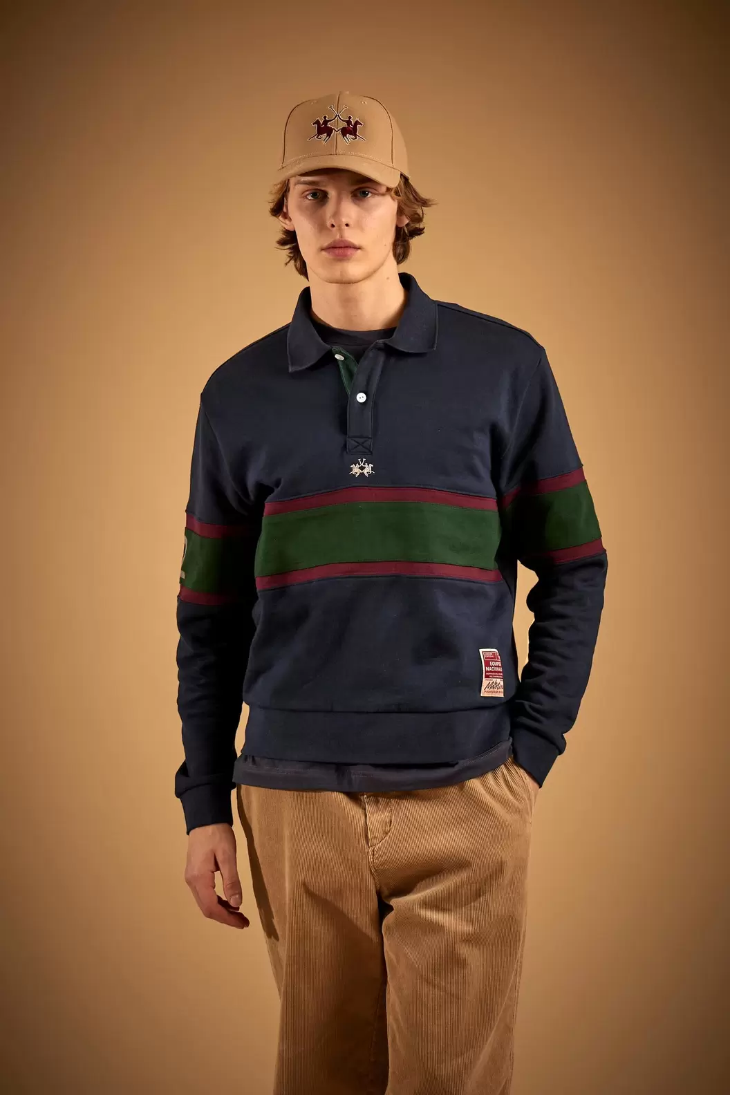 Men's rugby sweatshirt in brushed cotton with colored stripes - Damon