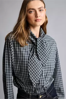 Chemise en popeline à manches longues avec col foulard à motif damier Coupe oversize