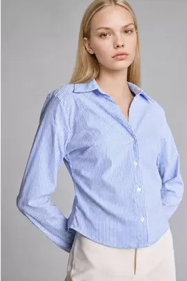 Chemise bleue rayée en bengaline à manches longues Coupe ajustée