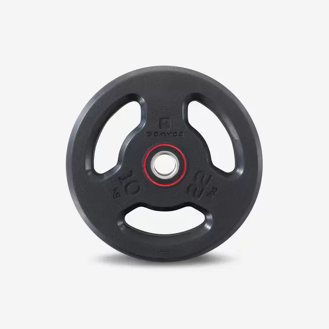 Disque musculation caoutchouc 10kg 28mm avec poignées, fonte en partie recyclée