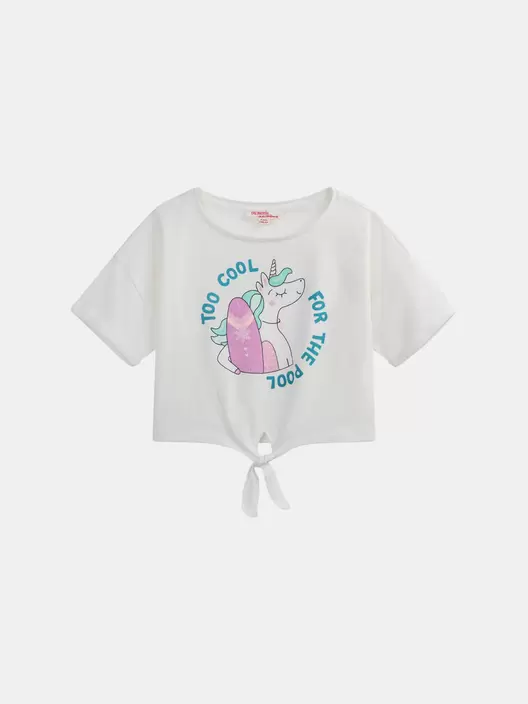 T-shirt écru animation licorne et surf pour fille