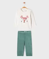 Pyjama 2 pièces en velours avec motif biche brodé bébé fille