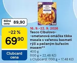 Tesco Cibulovo-smetanová omáčka tikka masala s vařenou basmati rýží a pečeným kuřecím masem