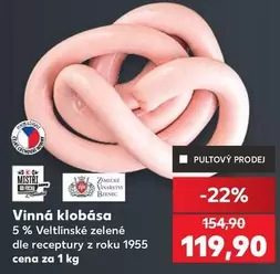 Vinná klobása 5 % Veltlínské zelené dle receptury z roku 1955