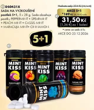 Kiss - SADA NA VYZKOUŠENÍ pastilky PEPPERMINT IT + SPEARMINT IT + PEACH MINT IT + CASSIS MINT IT + MARACUJA MINT IT + CILIANO LIMON