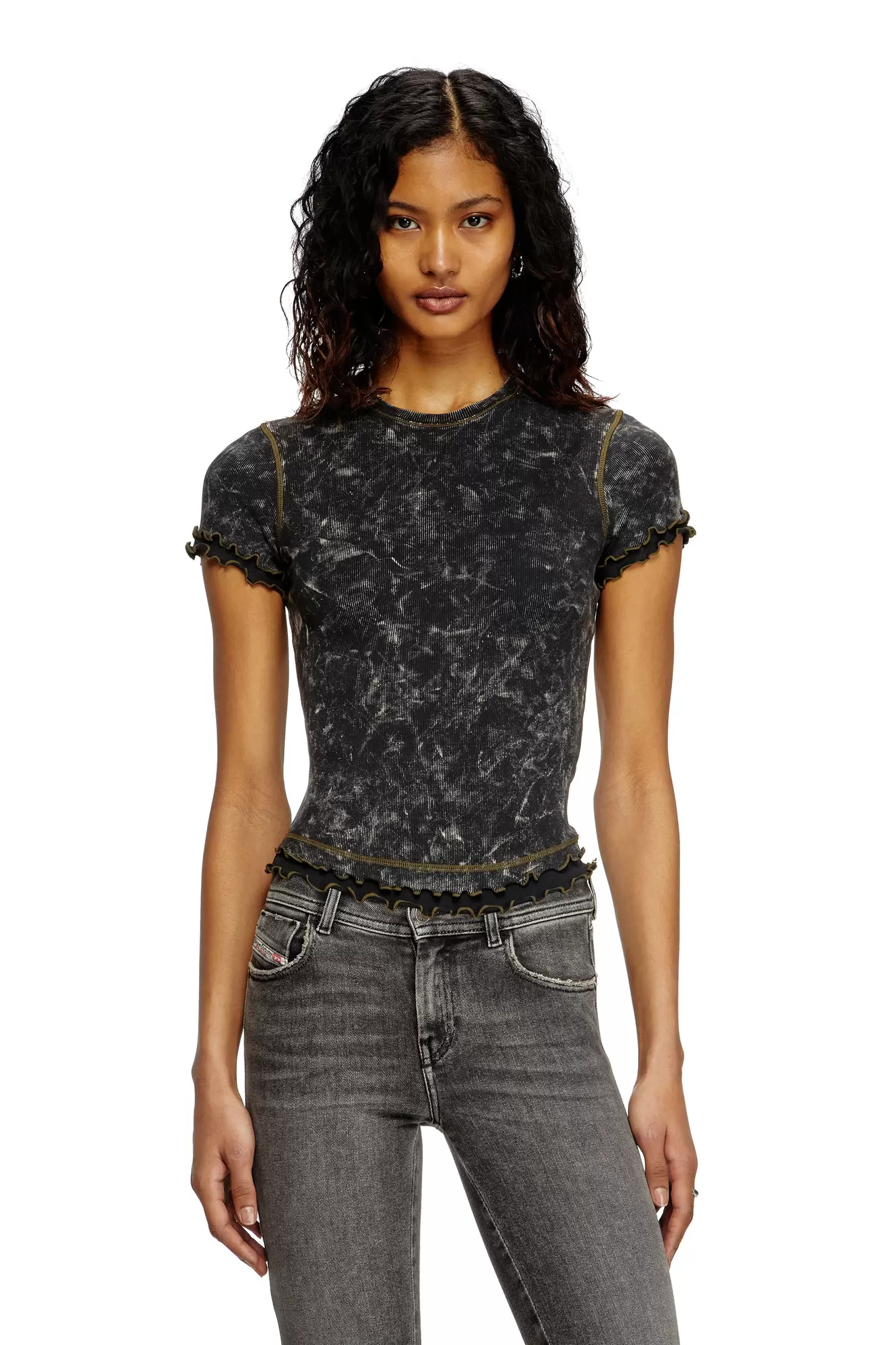 Marbled T-shirt with ruffled trims
