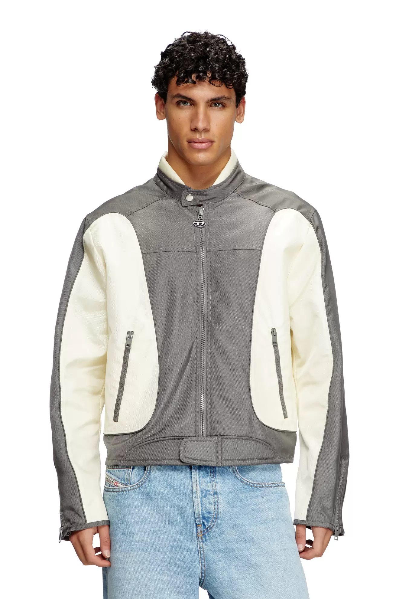 Colour-block biker jacket with piping
