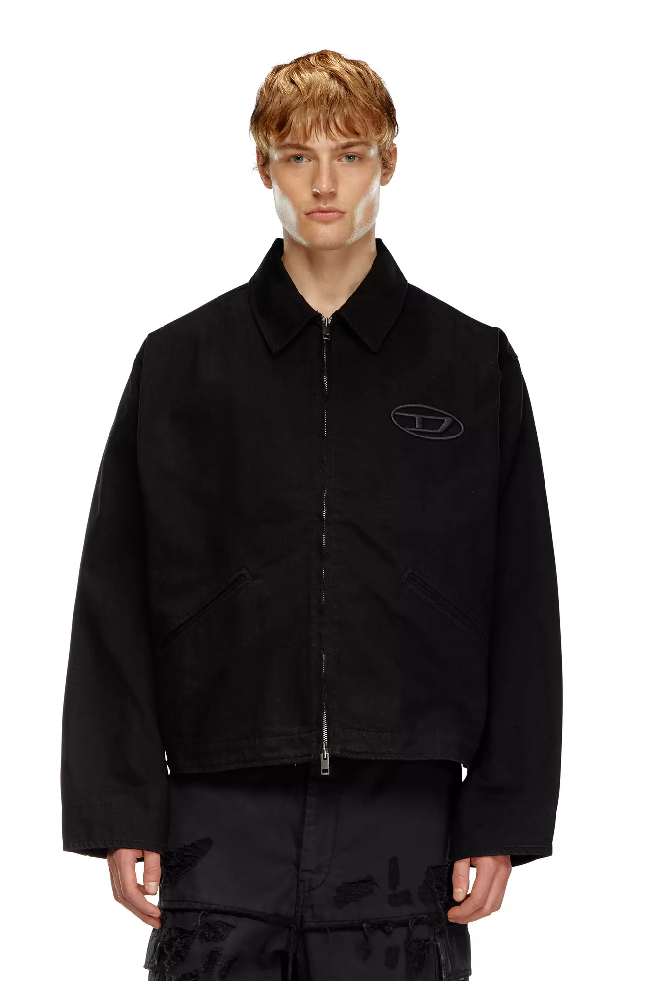 Denim blouson jacket with bleached logo