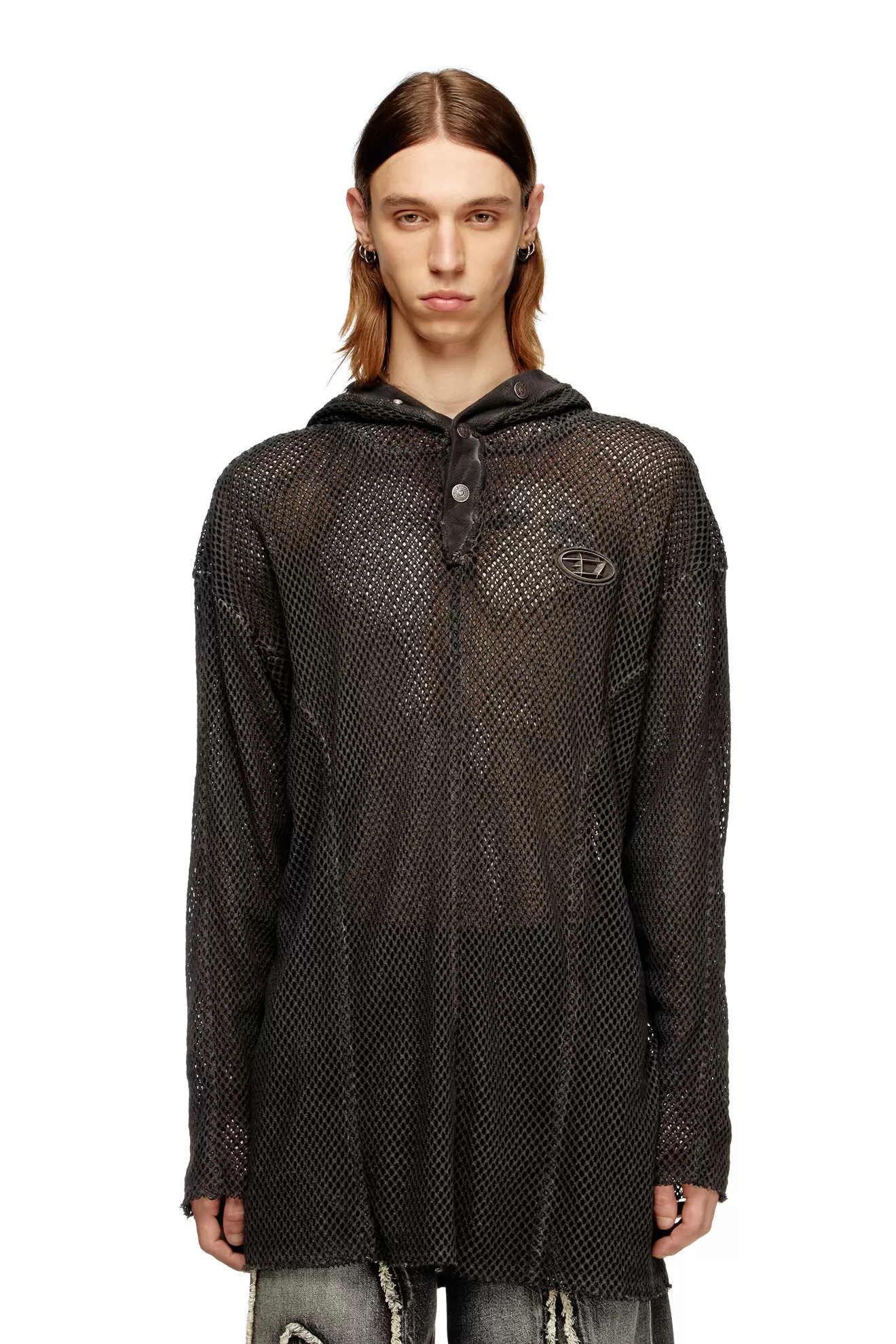 Fishnet hoodie with full-closure hood