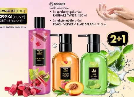Sada obsahuje: sprchový gel s vůní RHUBARB TWIST, tekuté mýdlo s vůní PEACH VELVET & LIME SPLASH