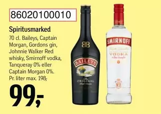 Red - Baileys, Captain Morgan, Gordons gin, Johnnie Walker  whisky, Smirnoff vodka, Tanqueray 0% eller Captain Morgan 0%
