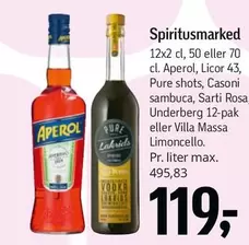 Aperol - , Licor 43, Pure shots, Casoni sambuca, Sarti Rosa, Underberg 12-pak eller Villa Massa Limoncello