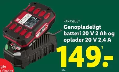 Genopladeligt batteri 20 V 2 Ah og oplader 20 V 2,4 A