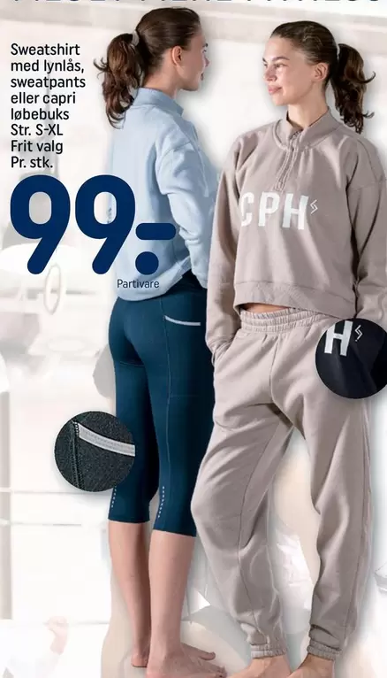 Sweatshirt med lynlås, sweatpants eller capri løbebuks