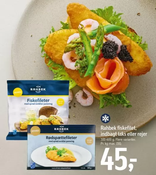 fiskefilet, indbagt laks eller rejer