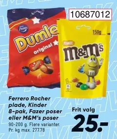 Kinder - Ferrero Rocher plade,  8-pak, Fazer poser eller M&M's poser