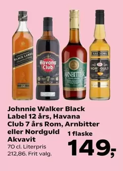 Havana - Black Label 12 års,  Club 7 års Rom, Arnbitter eller Nordguld Akvavit