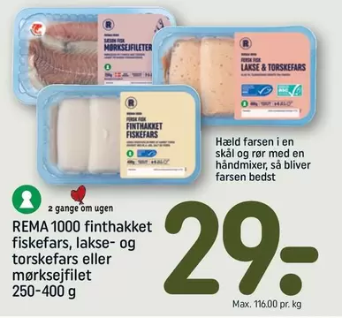 finthakket fiskefars, lakse- og torskefars eller mørksejfilet