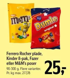 Kinder - Ferrero Rocher plade,  8-pak, Fazer eller M&M's poser
