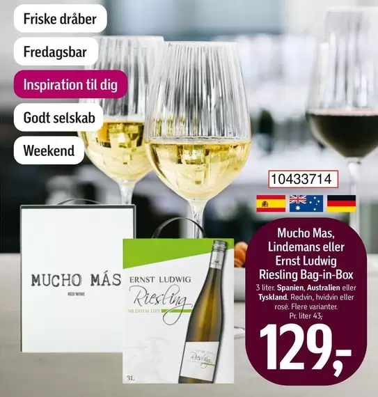 Red - Mucho Mas, Lindemans eller Ernst Ludwig Riesling Bag-in-Box