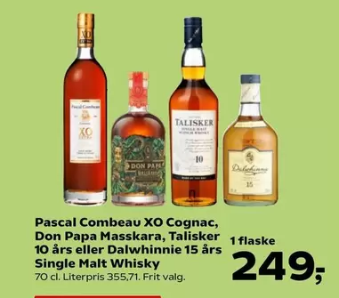 Combeau XO Cognac, Papa Masskara, Talisker 10 års eller Dalwhinnie 15 års Single Malt Whisky