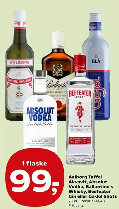 Taffel Akvavit, Absolut Vodka, Ballantine's Whisky, Beefeater Gin eller Ga-Jol Shots