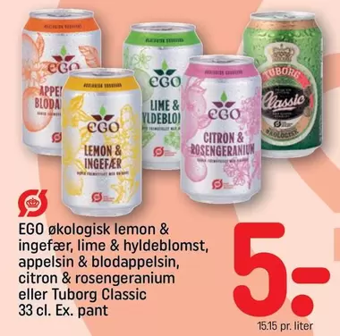 lemon & ingefær, lime & hyldeblomst, appelsin & blodappelsin, citron & rosengeranium eller Tuborg Classic