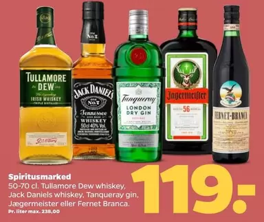 Branca - Tullamore Dew whiskey, Jack Daniels whiskey, Tanqueray gin, Jægermeister eller Fernet