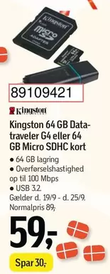 Kort - 64 GB Datatraveler G4 eller 64 GB Micro SDHC kort