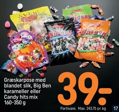 Græskarpose med blandet slik, Big Ben karameller eller Candy hits mix