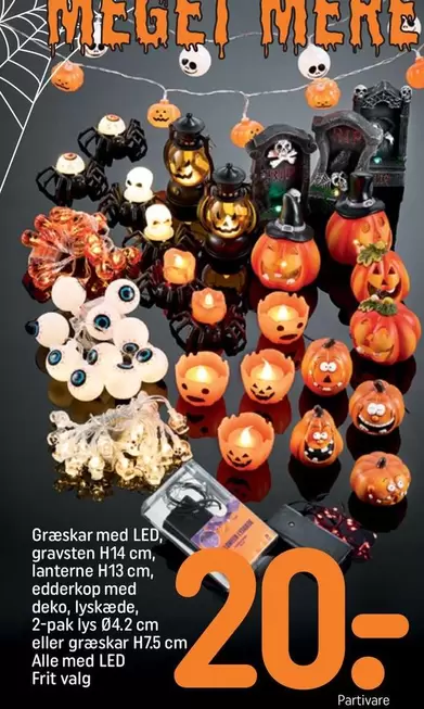 Græskar med LED, gravsten H14 cm, lanterne H13 cm, edderkop med deko, lyskæde, 2-pak lys 04.2 cm eller græskar H75 cm