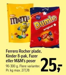 Kinder - Rocher plade,  8-pak, Fazer eller M&M's poser