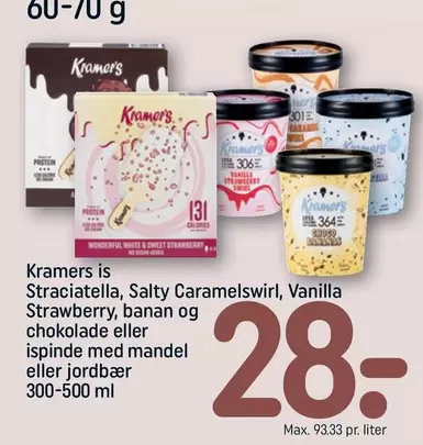 Straciatella, Salty Caramelswirl, Vanilla Strawberry, banan og chokolade eller ispinde med mandel eller jordbær
