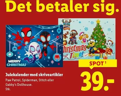 Stitch - Julekalender med skriveartikler Paw Patrol, Spiderman,  eller Gabby's Dollhouse