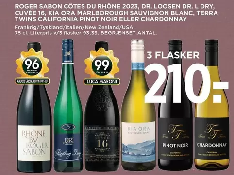 CÔTES DU RHÔNE 2023, DR. L DRY, CUVÉE 16, MARLBOROUGH SAUVIGNON BLANC, CALIFORNIA PINOT NOIR ELLER CHARDONNAY