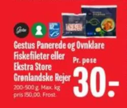 Panerede og Ovnklare Fiskefileter eller Ekstra Store Grønlandske Rejer
