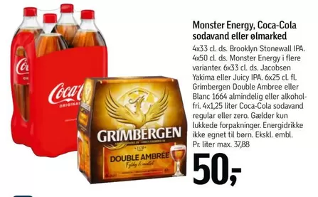 Coca Cola - Coca-Cola sodavand eller elmarked, Brooklyn Stonewall IPA, Monster Energy, Jacobsen Yakima eller Juicy IPA, Grimbergen Double Ambree eller Blanc 1664