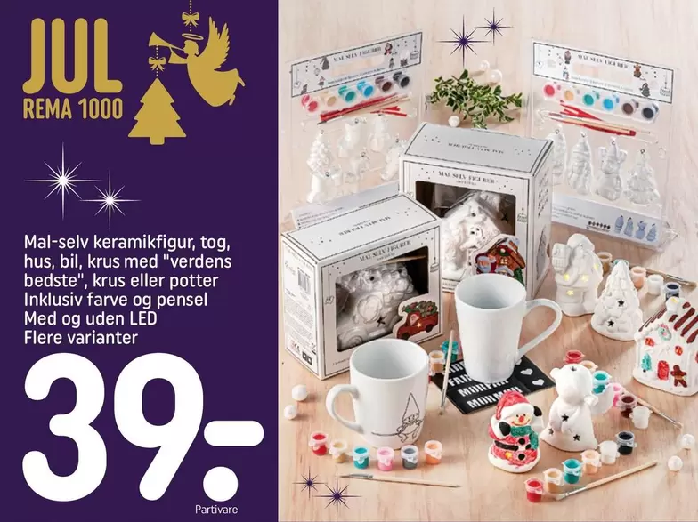 Mal-selv keramikfigur, tog, hus, bil, krus med "verdens bedste", krus eller potter