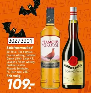 Licor 43 - The Famous Grouse whisky, Gammel Dansk bitter, , Lauder's Finest whisky, Bushmills eller Akvavit Bornholm