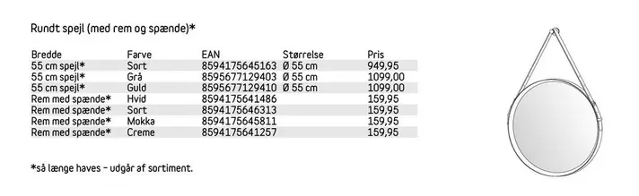 Rundt spejl (med rem og spande